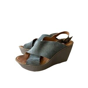 Born Devona Blue Suede Platform Wedge Sandals Size 7, Open Toe, Sling Back